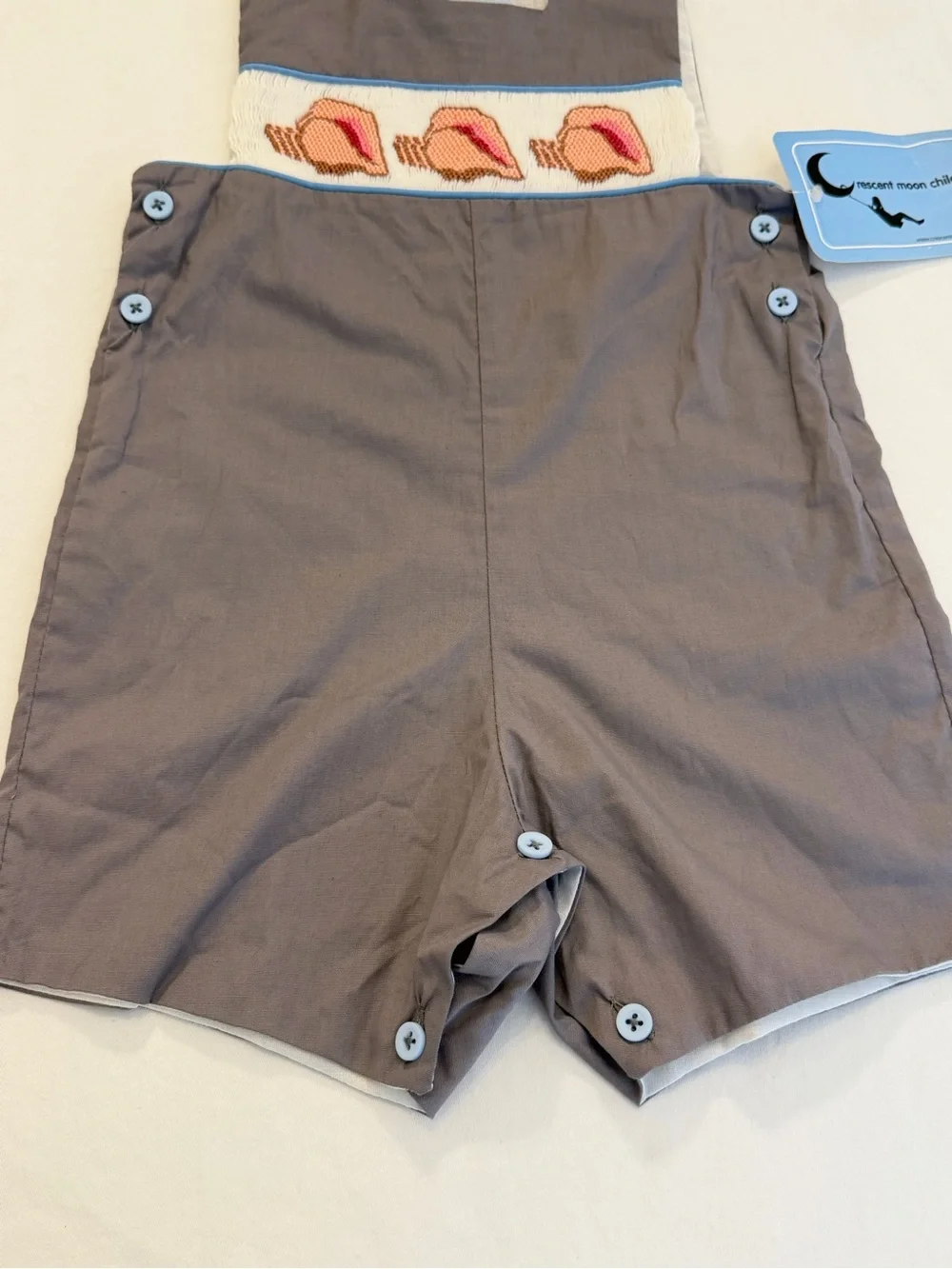 Crescent Moon Boys Gray Smocked Jon Jon Shortall w/ Stitched Conch Shells 18M